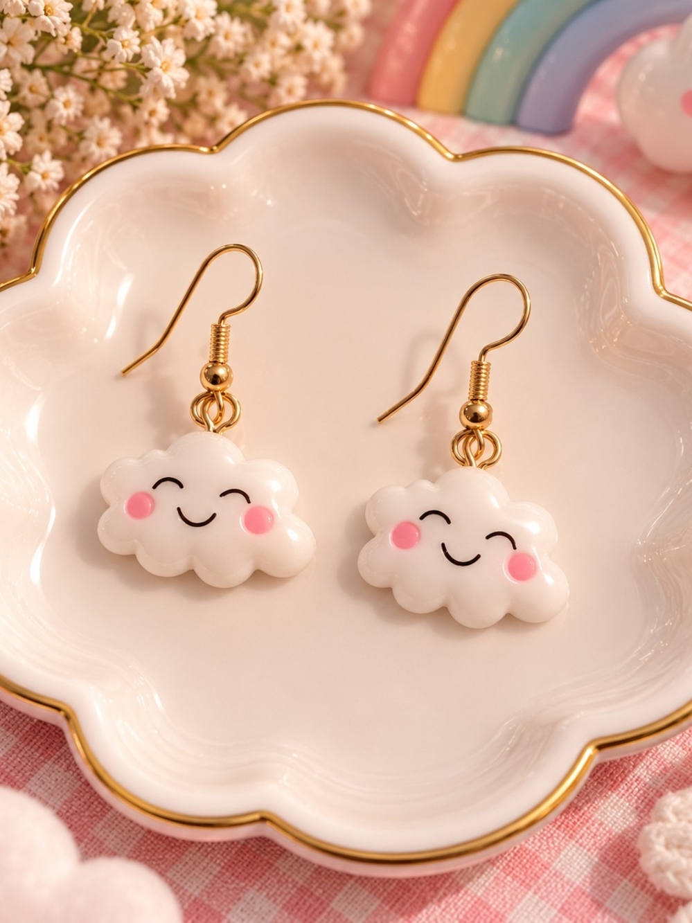 Cute White Cloud Dangle Earrings with Pink Cheeks New